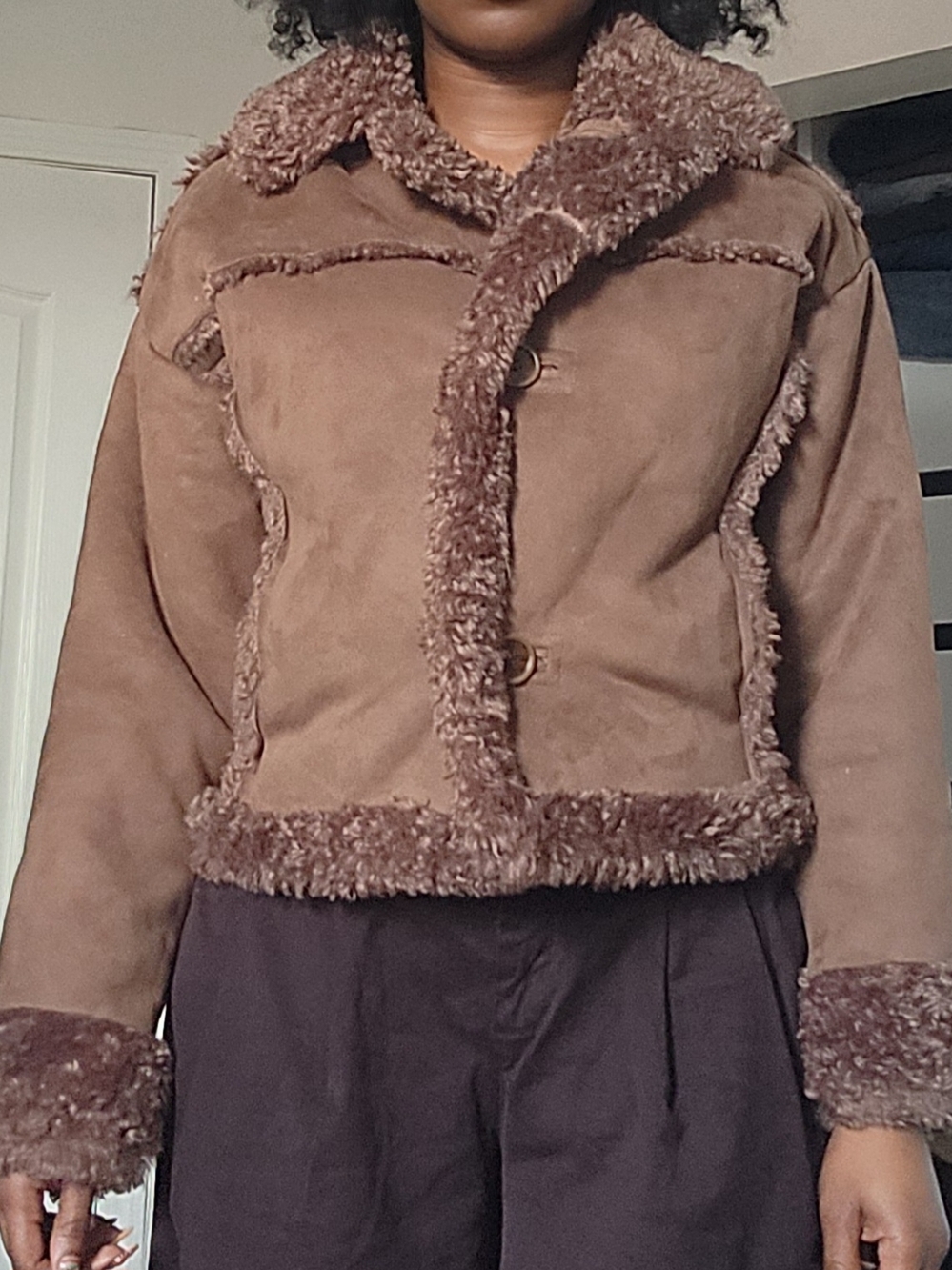 Brown Faux Sheepskin / Suede Sherpa Teddy Jacket